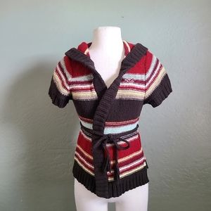Hollister Short Sleeve Multi Color Stripped Hooded Knit Wrap Top Tie Belt